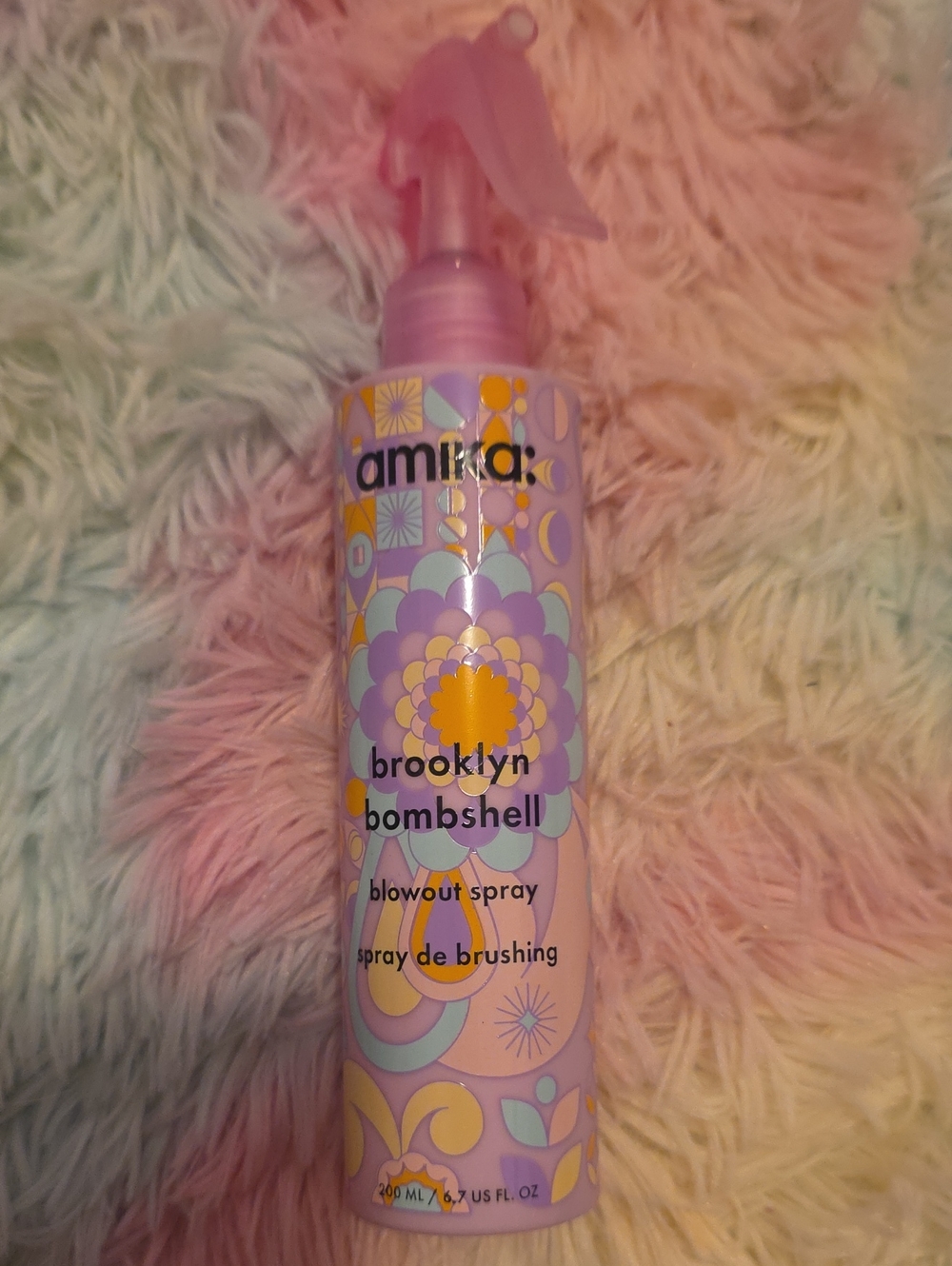 amika Brooklyn Bombshell Blowout Spray — Lavender and Yellow Floral Bottle